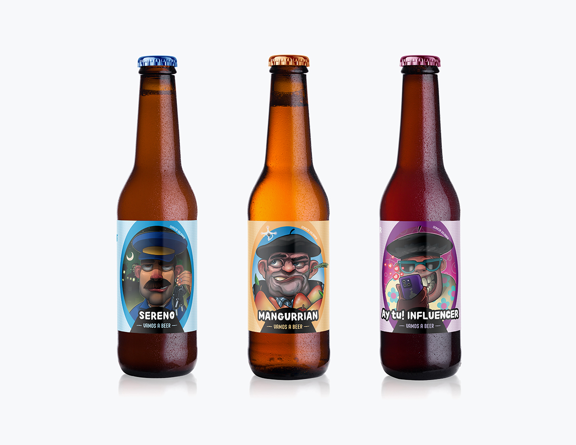 Brown glass beer bottles with black cap on white background with reflection